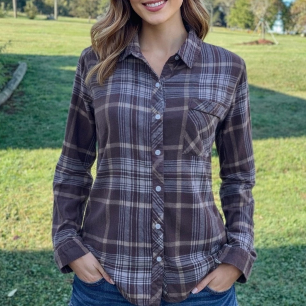 -Aerie Flannel Brown & Tan Plaid Soft Warm Comfy Button-Down Shirt Women's Small
